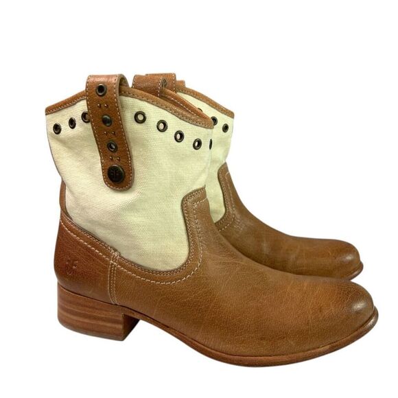 Frye Amelia Grommet Short Tan Leather/Cream Canvas Boot 77206 $170 Size 7.5B - Picture 1 of 11